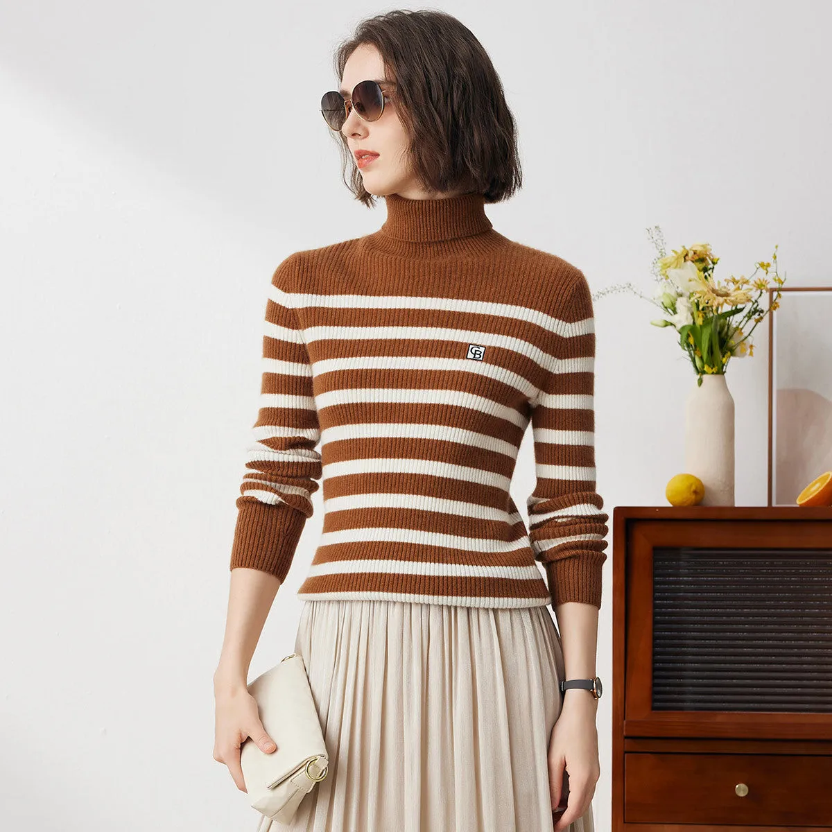 100% Cashmere Striped Turtleneck Knit Sweater