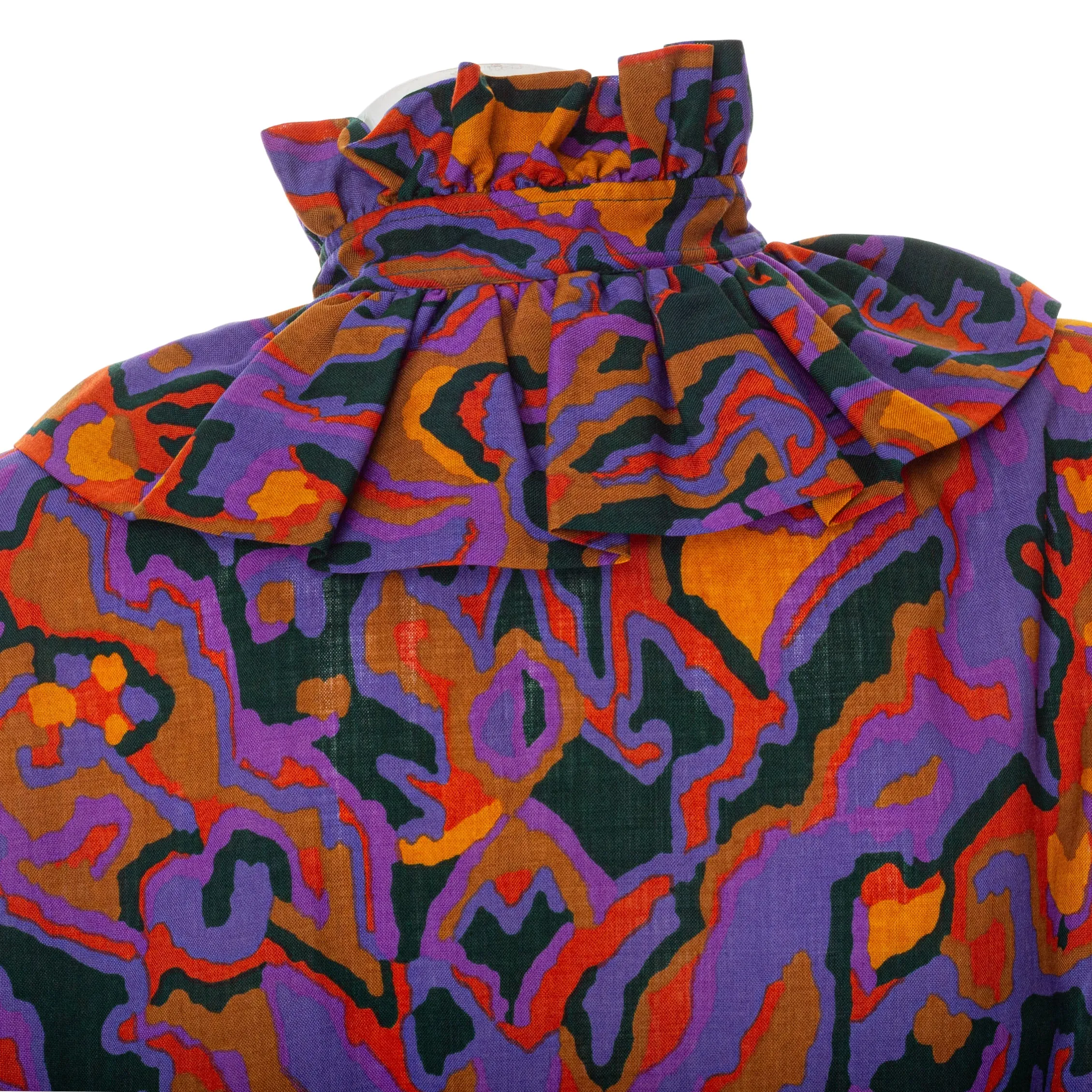 1970s Rive Gauche Purple Cotton Abstract Print Ruffled Collar Blouse