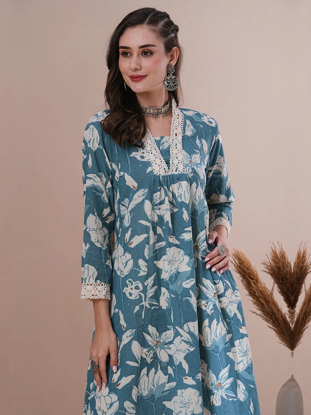 Abstract Floral Printed A-Line Paneled Cotton Flax Kurta with Palazzo - Blue