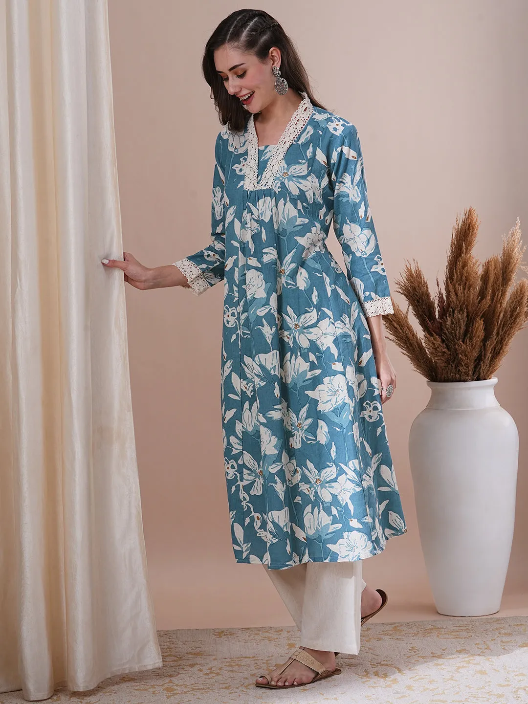 Abstract Floral Printed A-Line Paneled Cotton Flax Kurta with Palazzo - Blue