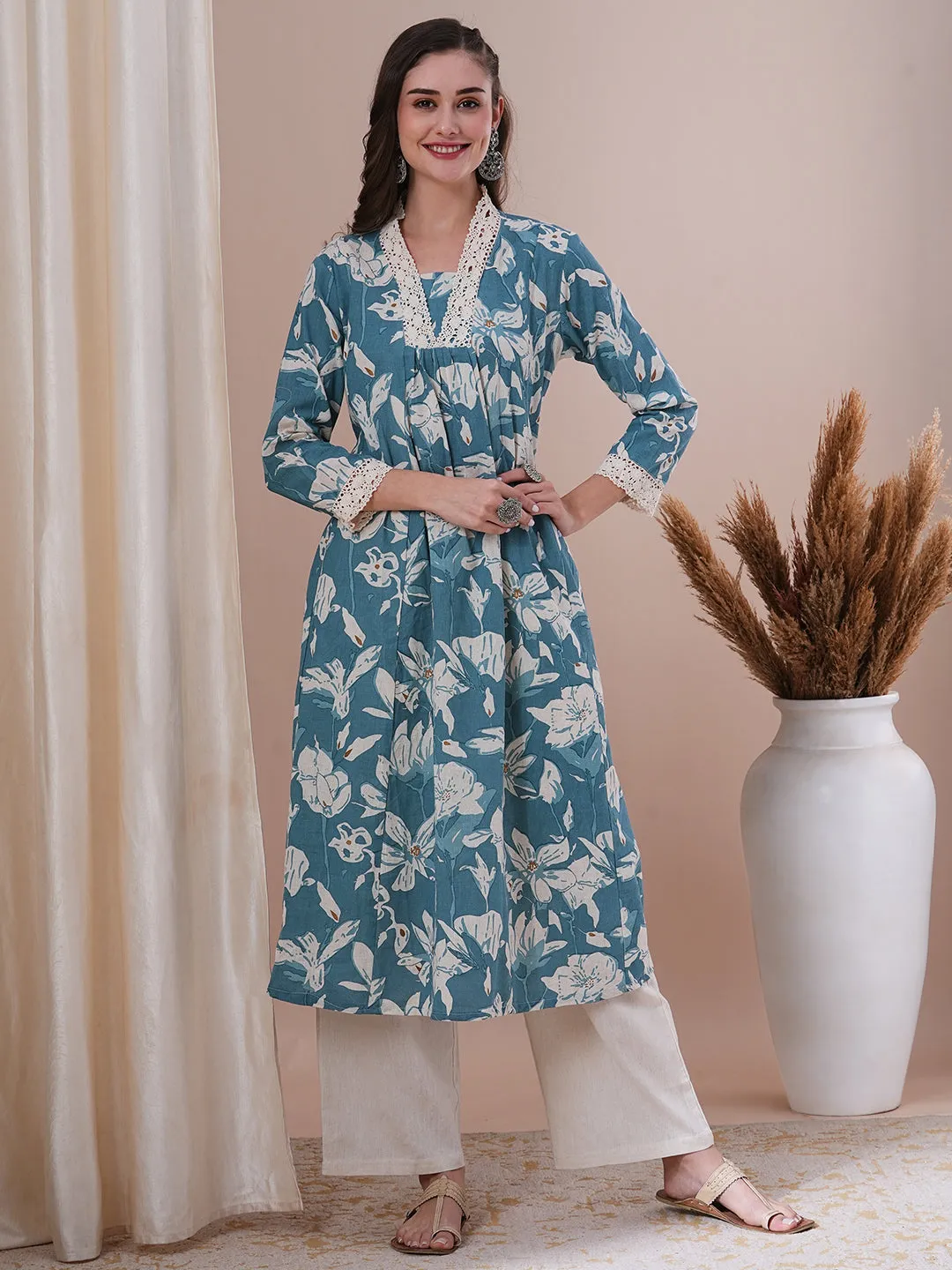 Abstract Floral Printed A-Line Paneled Cotton Flax Kurta with Palazzo - Blue