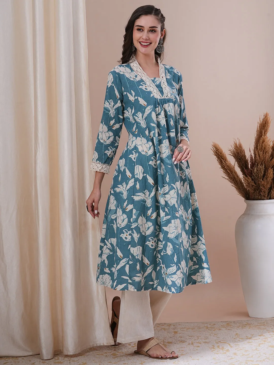 Abstract Floral Printed A-Line Paneled Cotton Flax Kurta with Palazzo - Blue