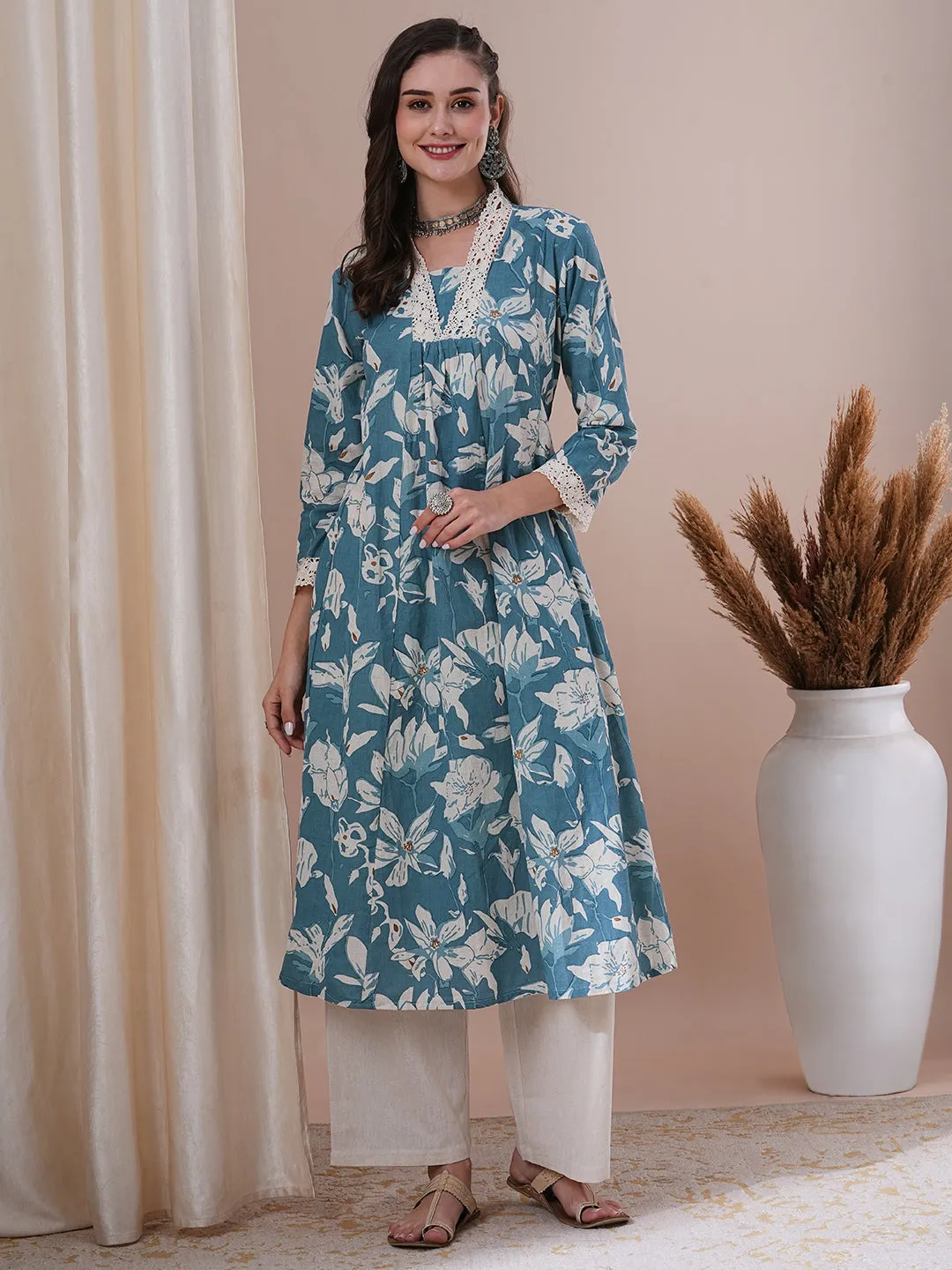 Abstract Floral Printed A-Line Paneled Cotton Flax Kurta with Palazzo - Blue