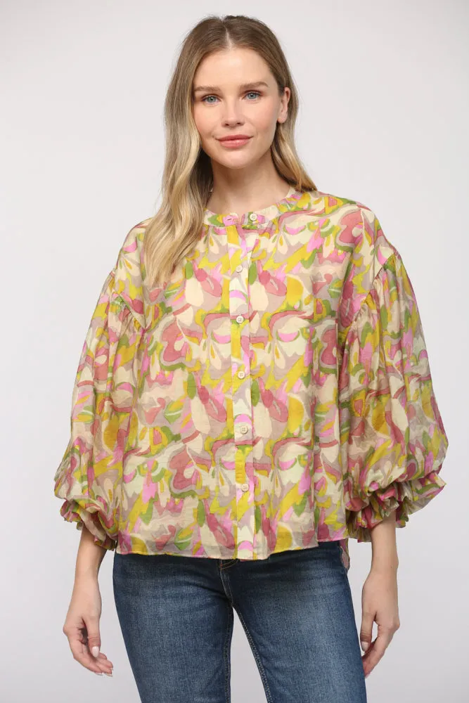 Abstract Print Bubble Sleeve Top