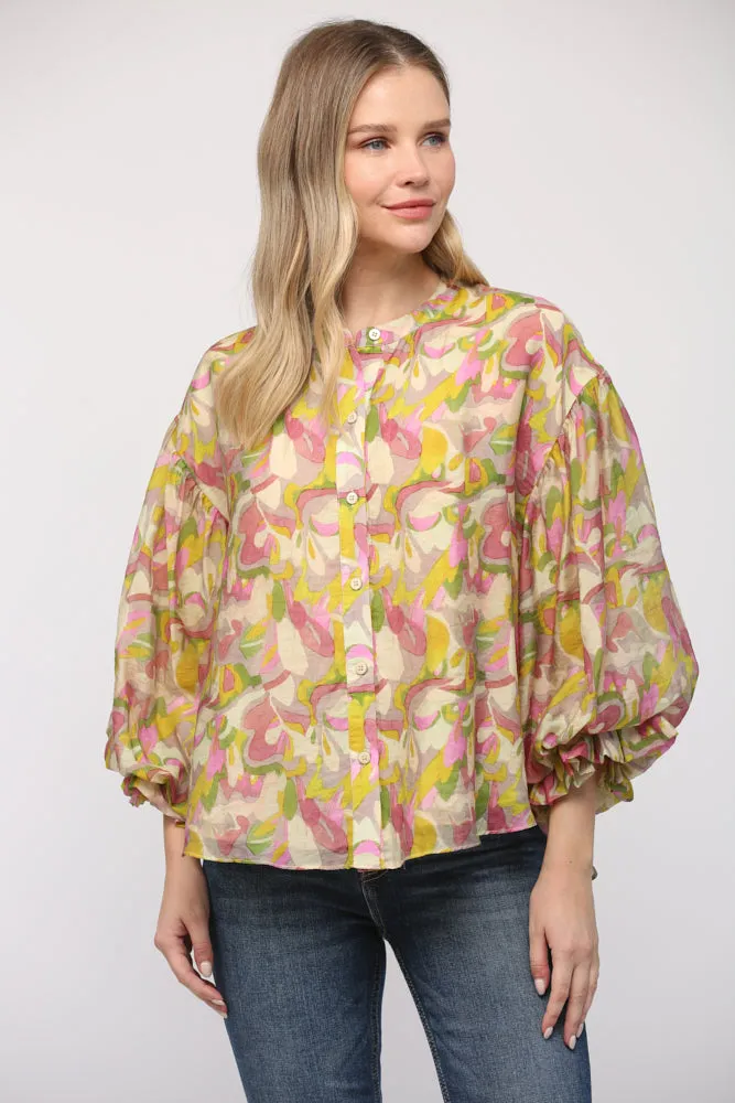 Abstract Print Bubble Sleeve Top