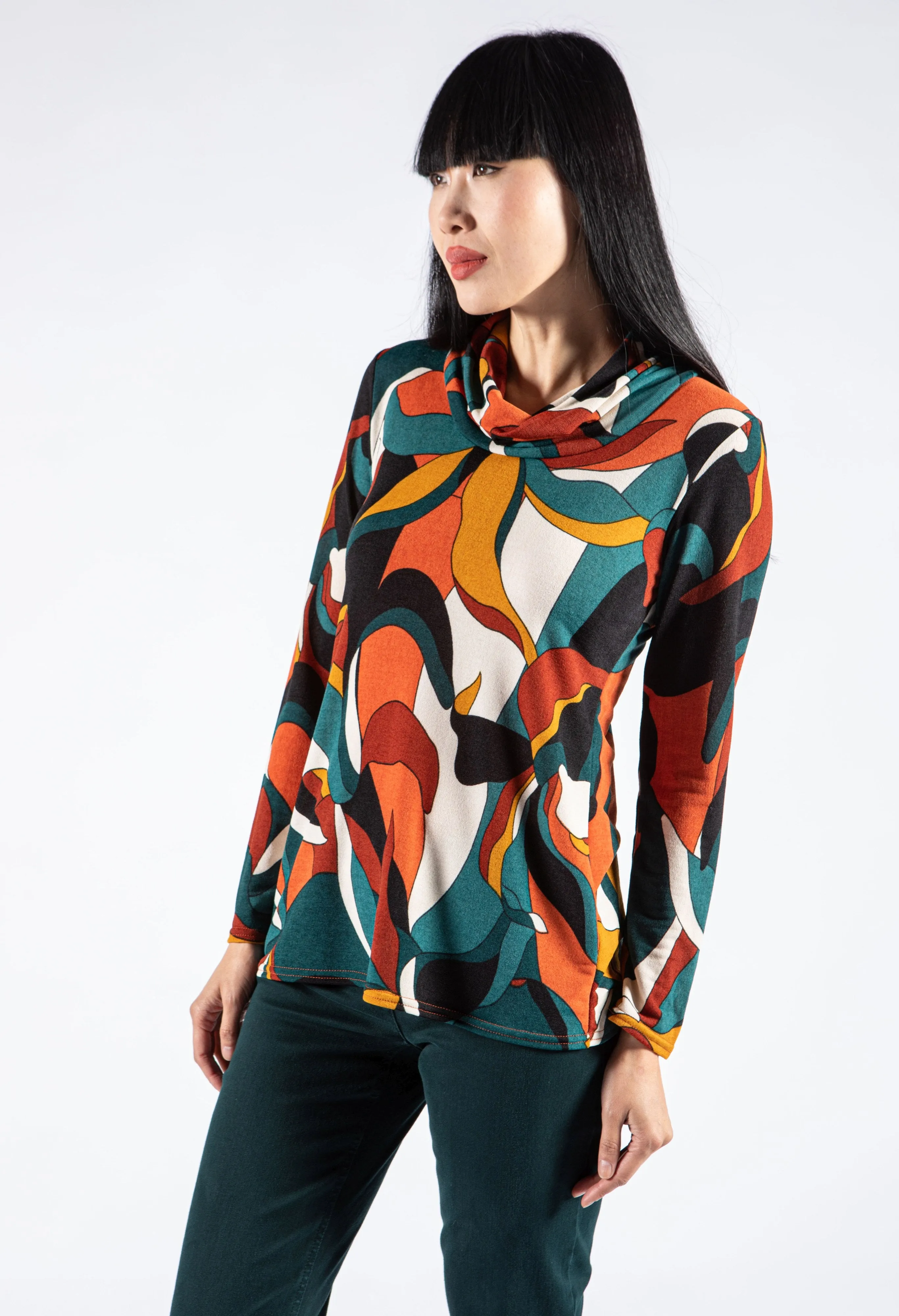 Abstract Print Cowl Neck Top