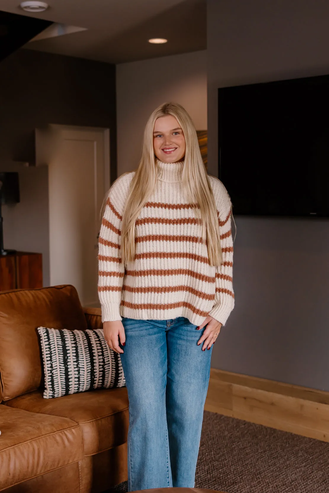 Allie Striped Turtleneck Sweater | Ivory Camel