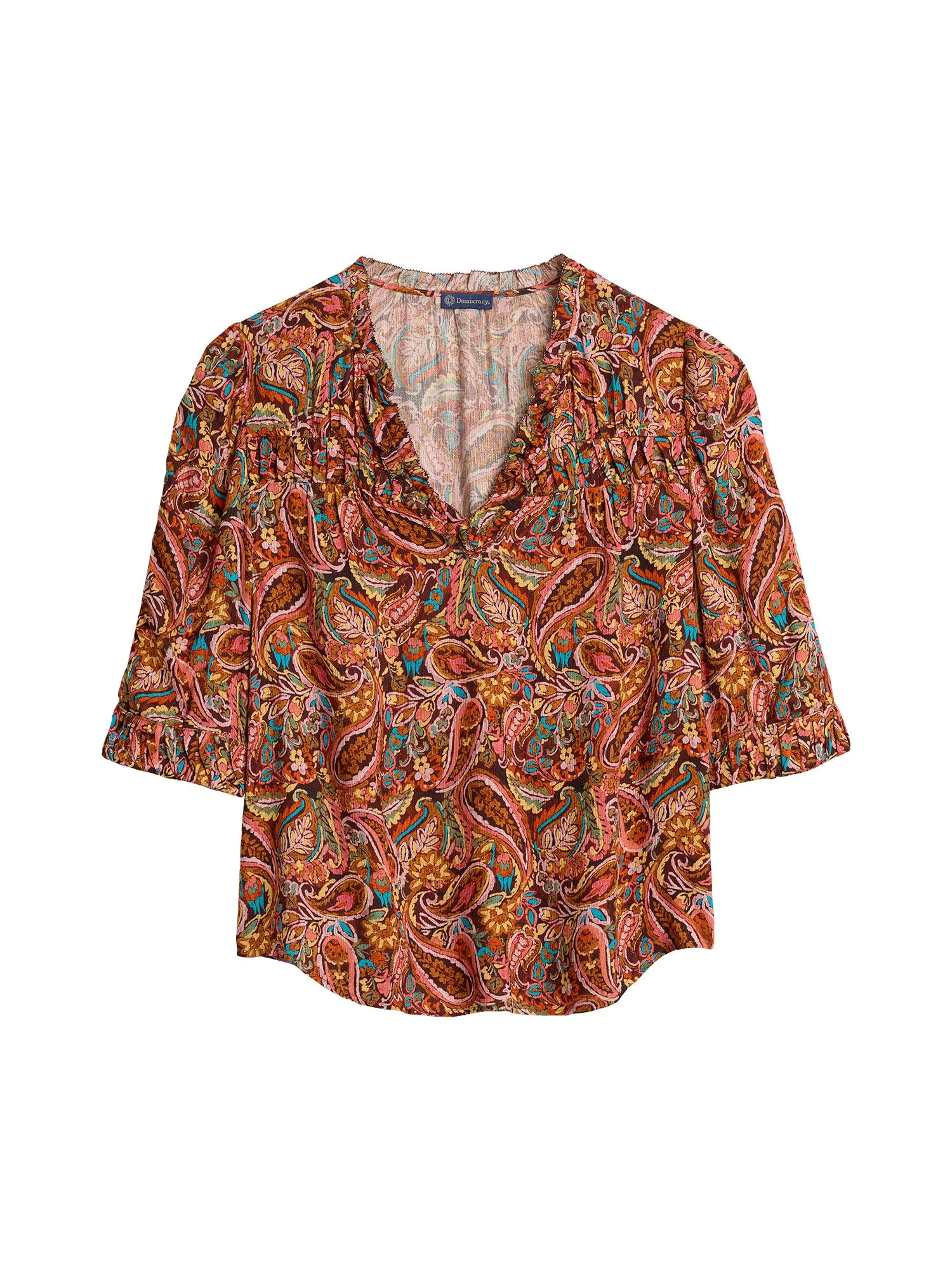 Below Elbow Ruched Sleeve V-Notch Neck Abstract Print Woven Top