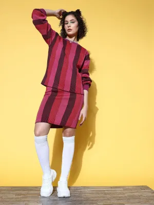 Berrylush Women Pink & Burgundy Striped Pattern Round Neck Acrylic Regular Sweater & Mini Skirt Co-Ord Set