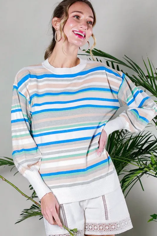 Blue Multi Balloon Sleeve Multi Striped Sweater Top