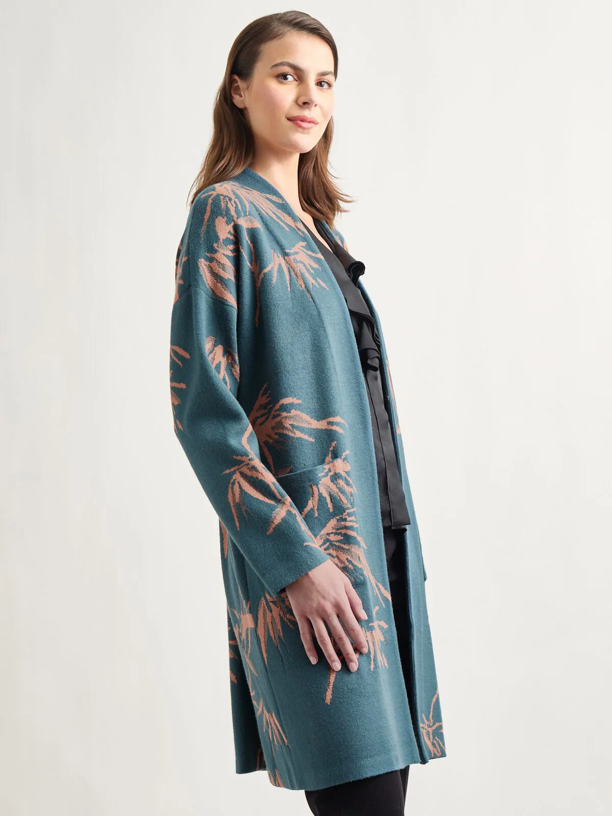 Botanical Print Open Front Long Jacquard Knit Jacket