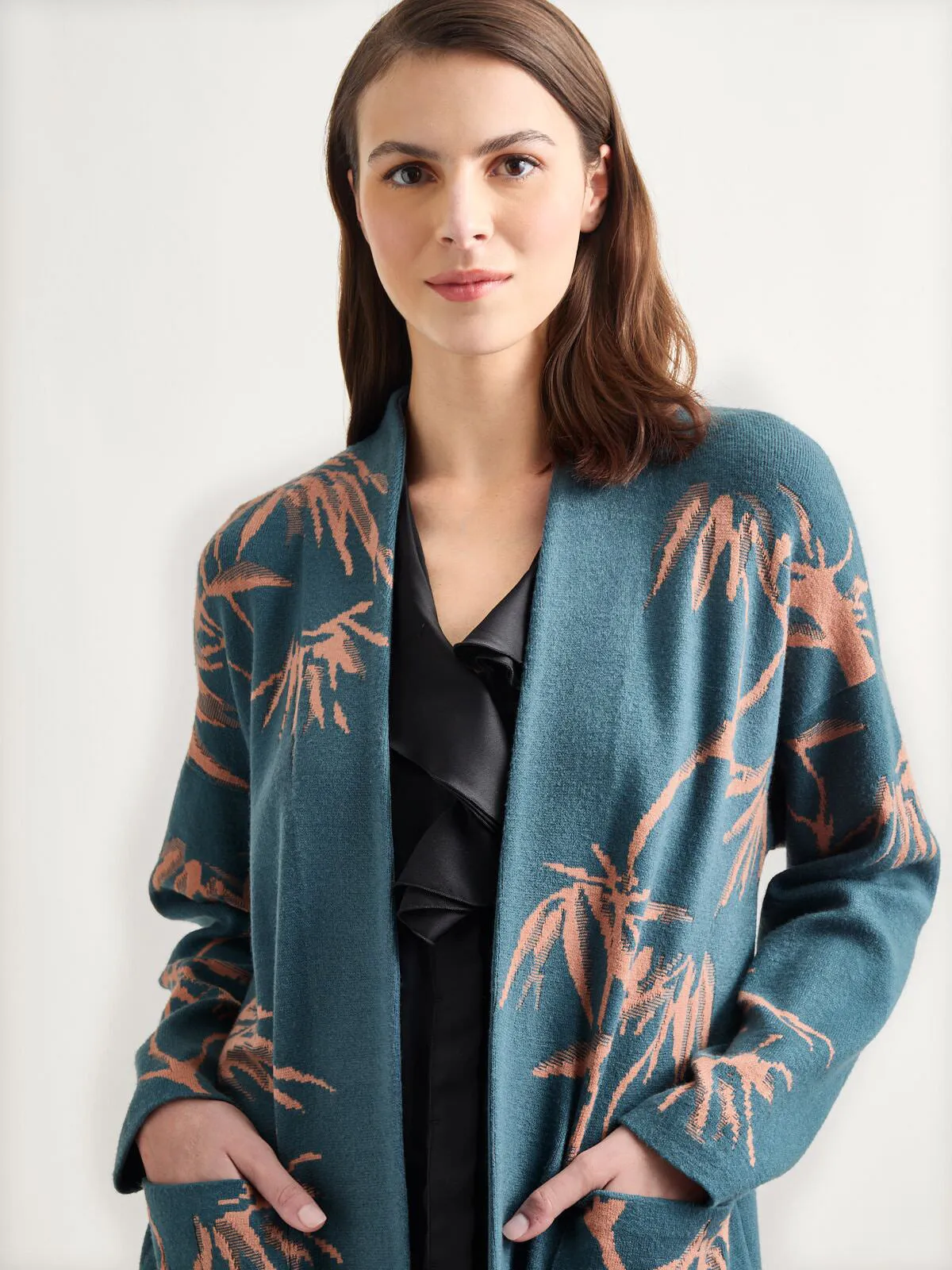 Botanical Print Open Front Long Jacquard Knit Jacket