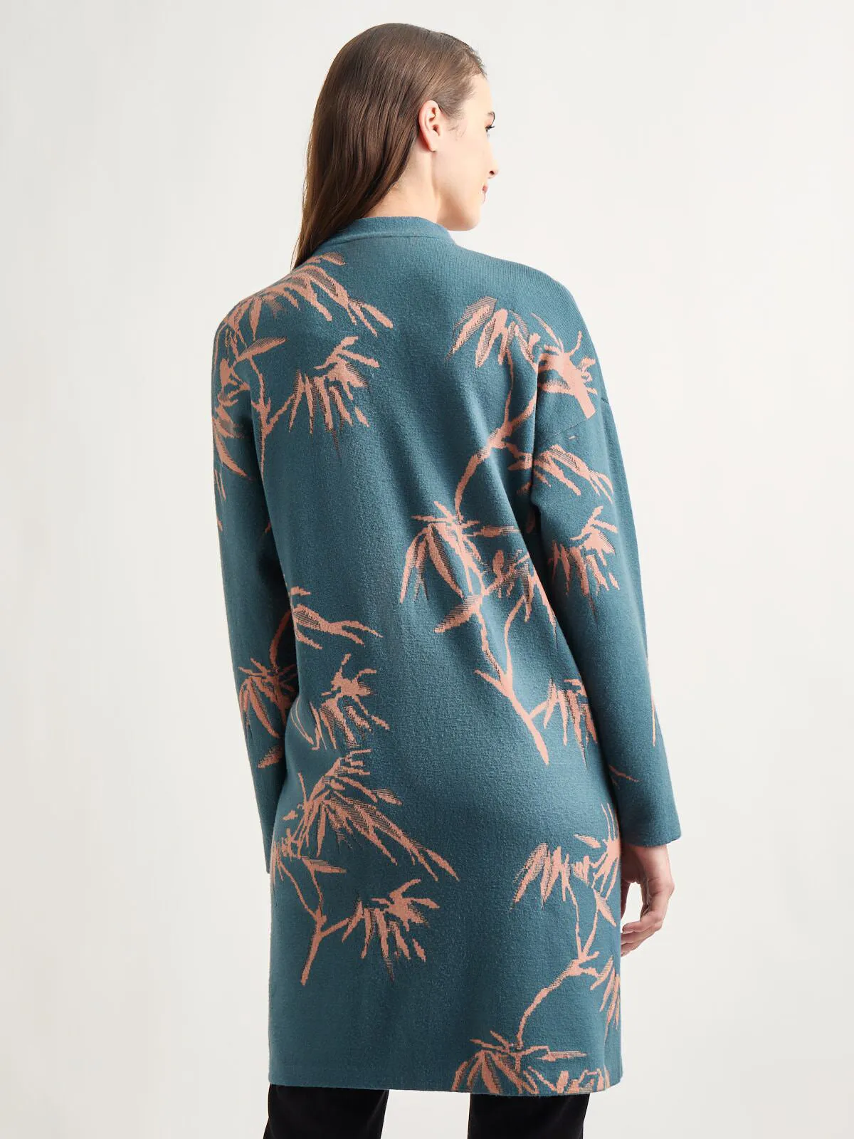 Botanical Print Open Front Long Jacquard Knit Jacket