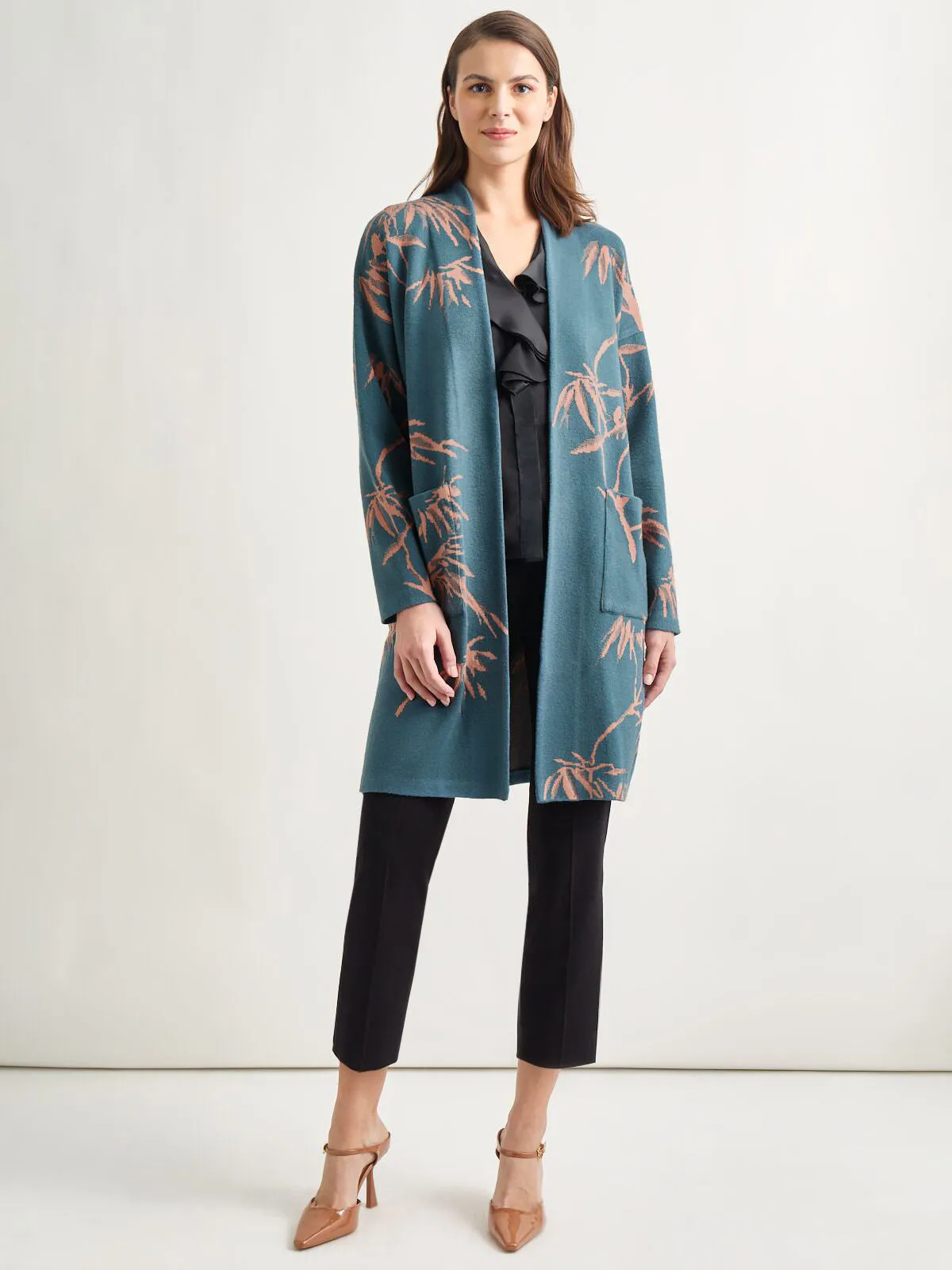 Botanical Print Open Front Long Jacquard Knit Jacket