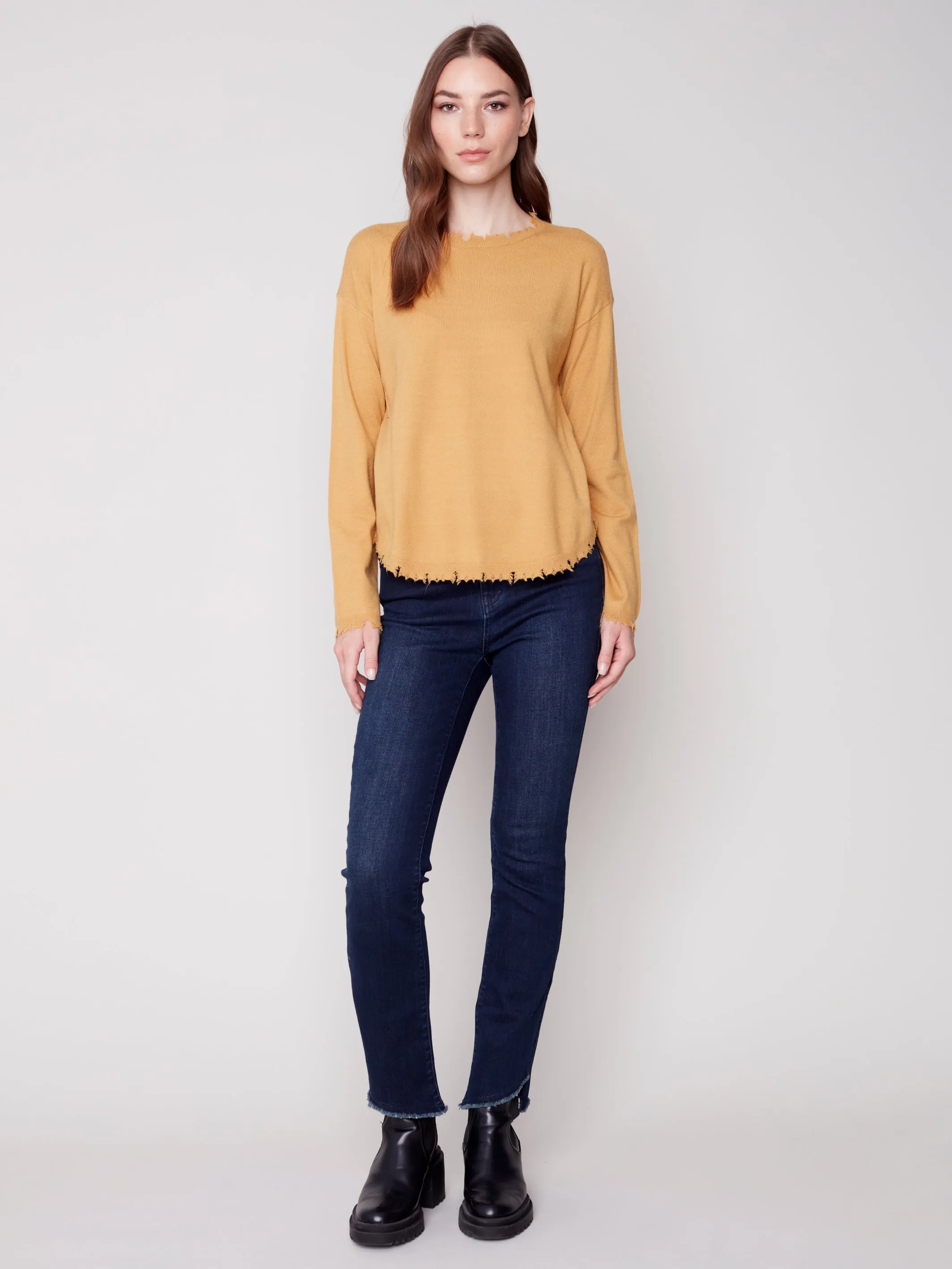 Charlie B Basic Crew Neck Sweater with Frayed Edge Detail