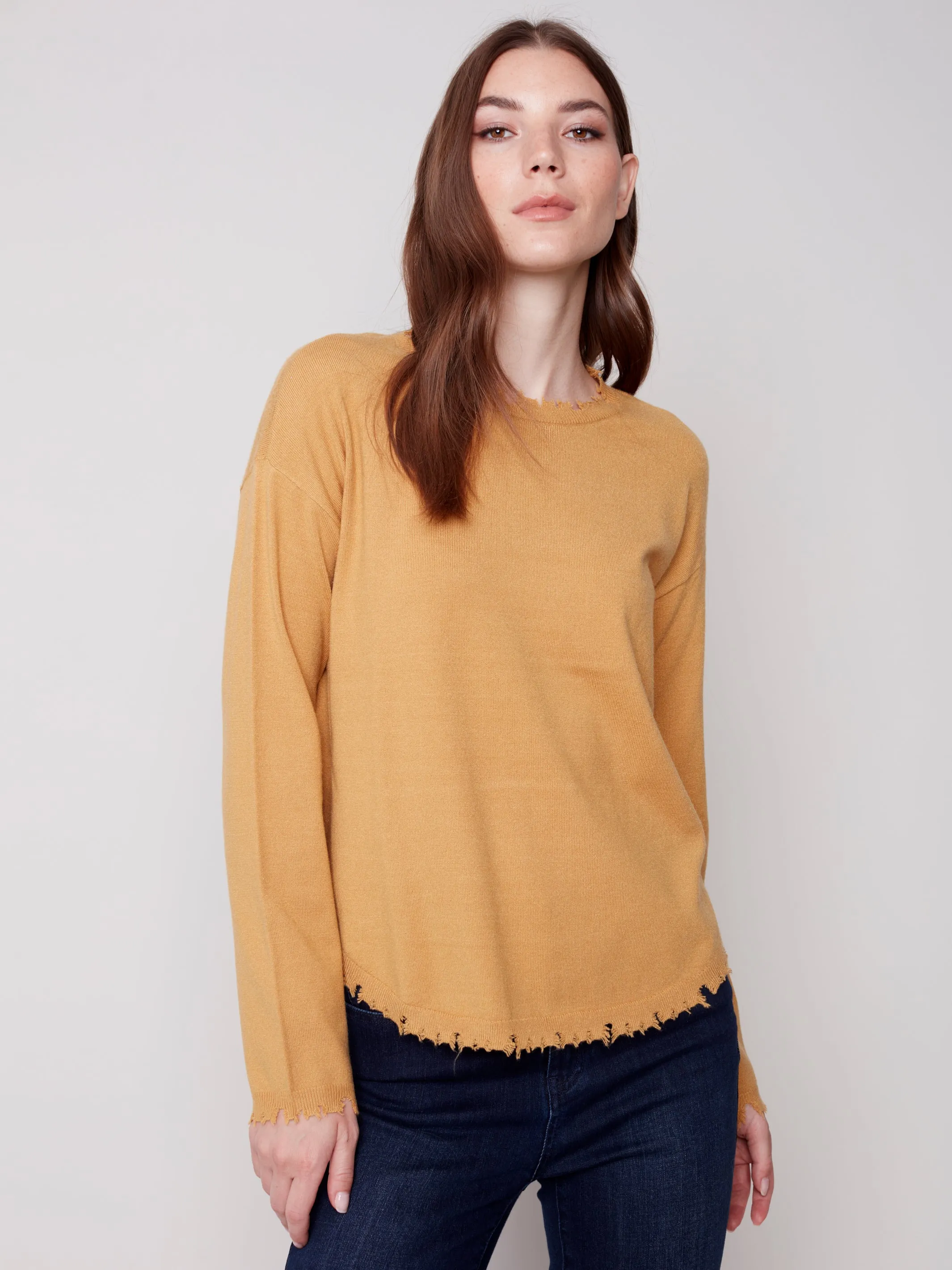 Charlie B Basic Crew Neck Sweater with Frayed Edge Detail