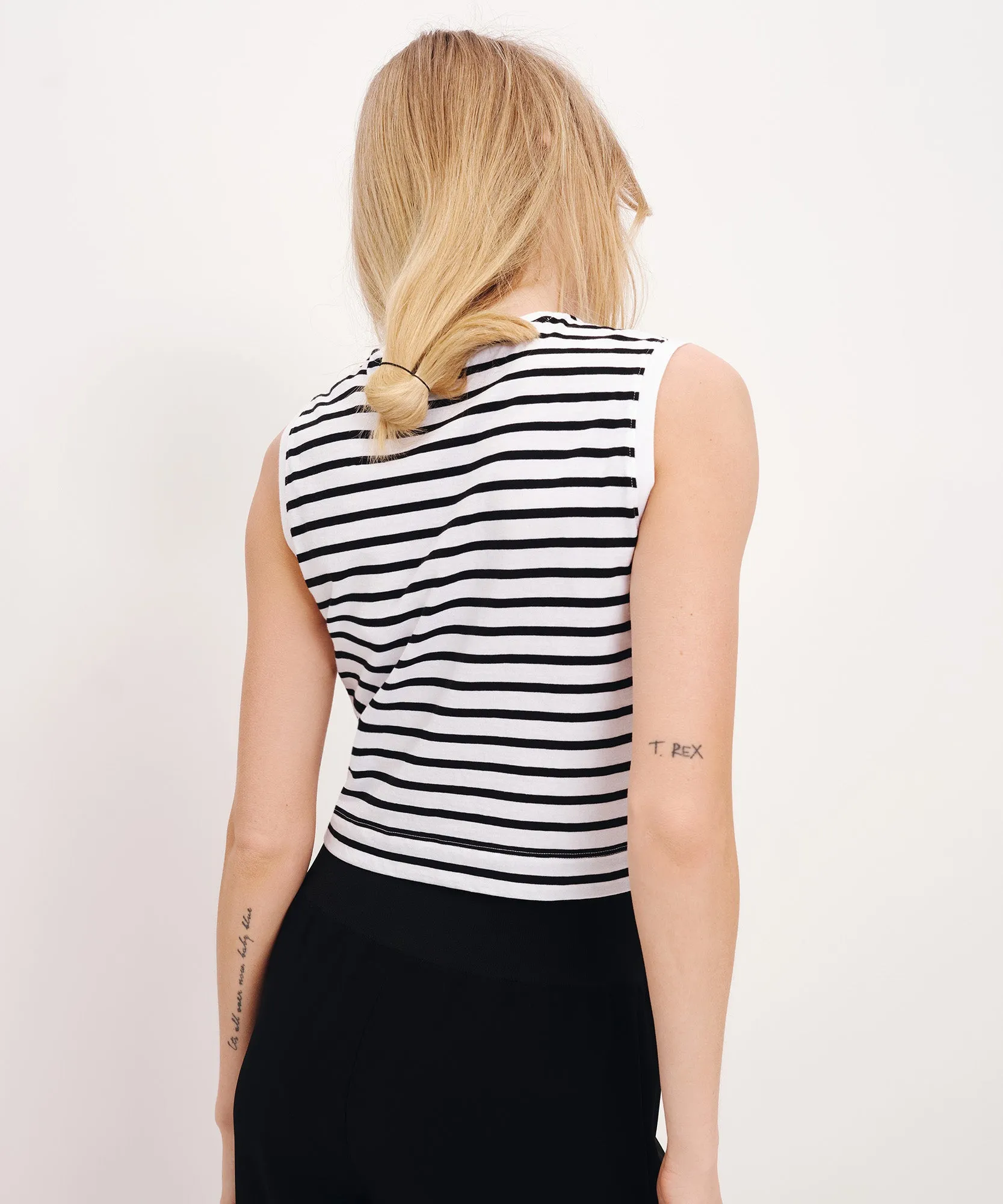 Classic Jersey Stripe Sleeveless Cropped Muscle Tee - White-Black