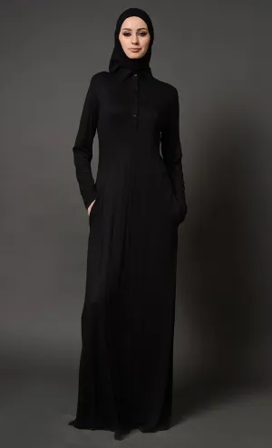 Collared Everyday Wear Basic Abaya Dress - Black