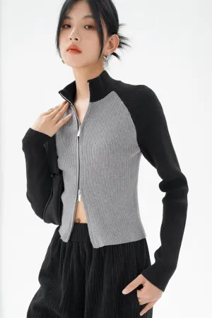 Color Block Double Zip Ribbed Top