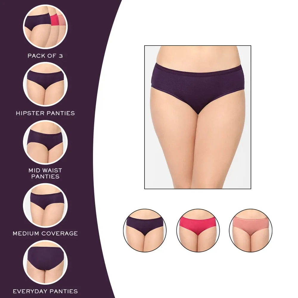 Cotton Mid Waist Medium Coverage Everyday Wear Pack of 3  Hipster Panty