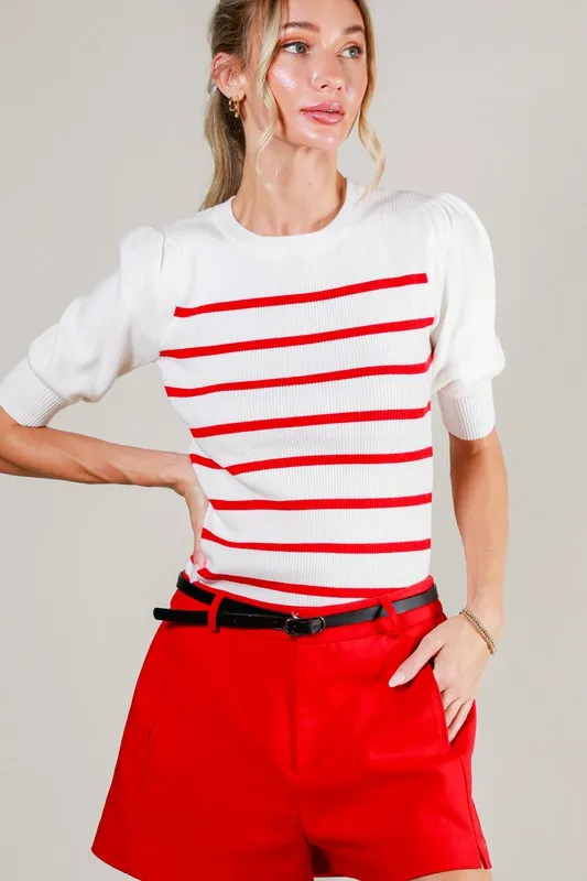 Cream/Red Short Puff Sleeve Striped Sweater Top