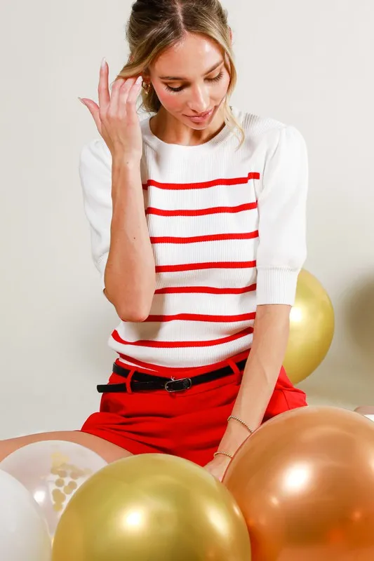 Cream/Red Short Puff Sleeve Striped Sweater Top