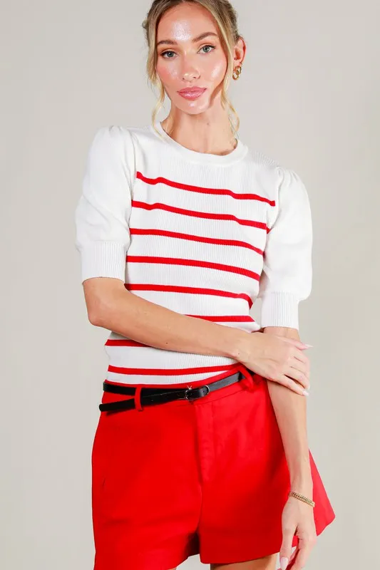 Cream/Red Short Puff Sleeve Striped Sweater Top