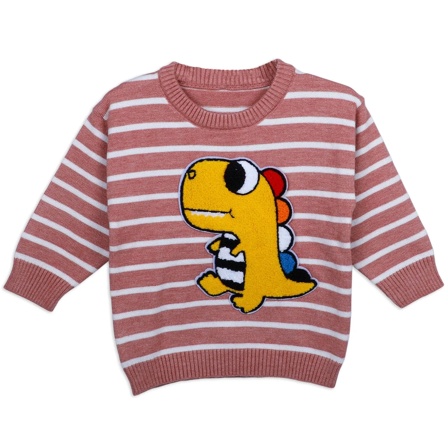 Dashing Dino Striped Premium Full Sleeves Knitted Sweater - Reddish Brown