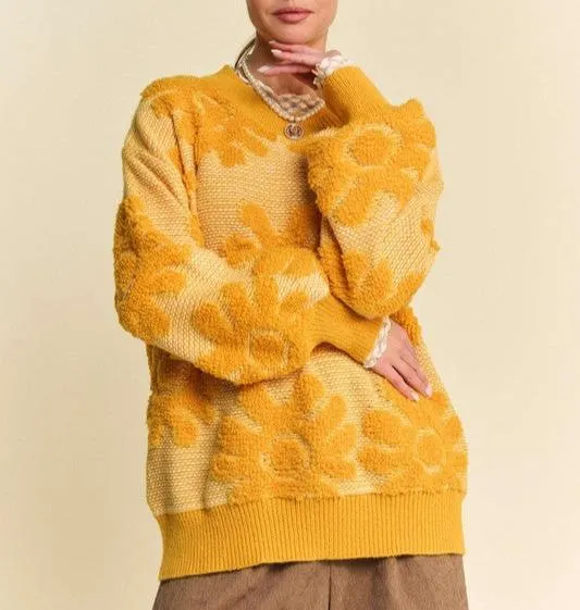 Davi & Dani Gold Flower Texture Sweater Round Neck Long Sleeve Pullover