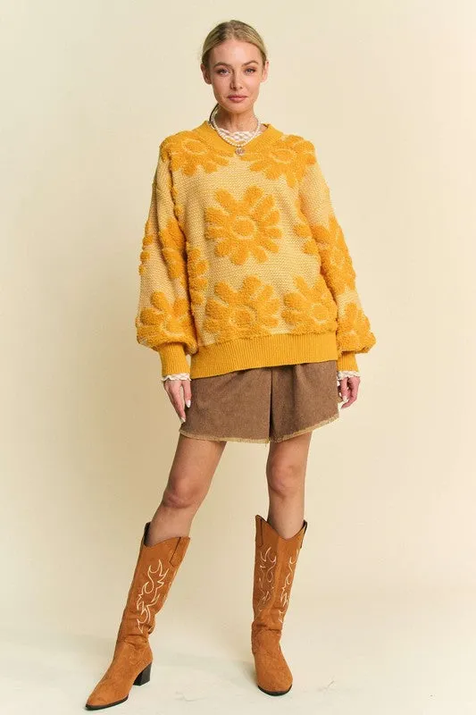 Davi & Dani Gold Flower Texture Sweater Round Neck Long Sleeve Pullover