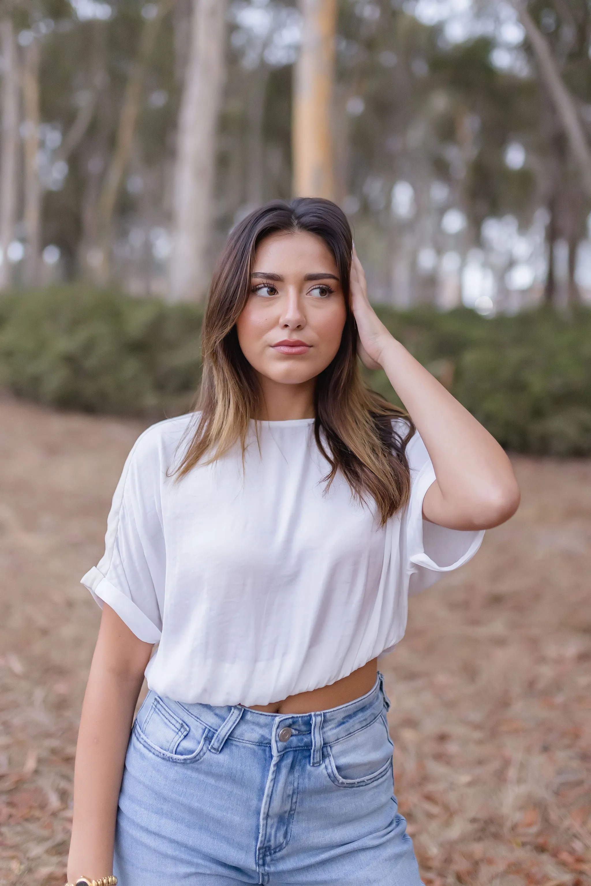 Desiree Short Sleeve Color Block Satin Crop Top White