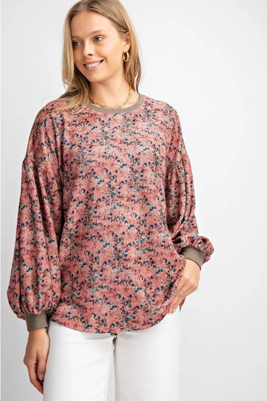 Easel Floral Corduroy Pullover Sweatshirt - Rose