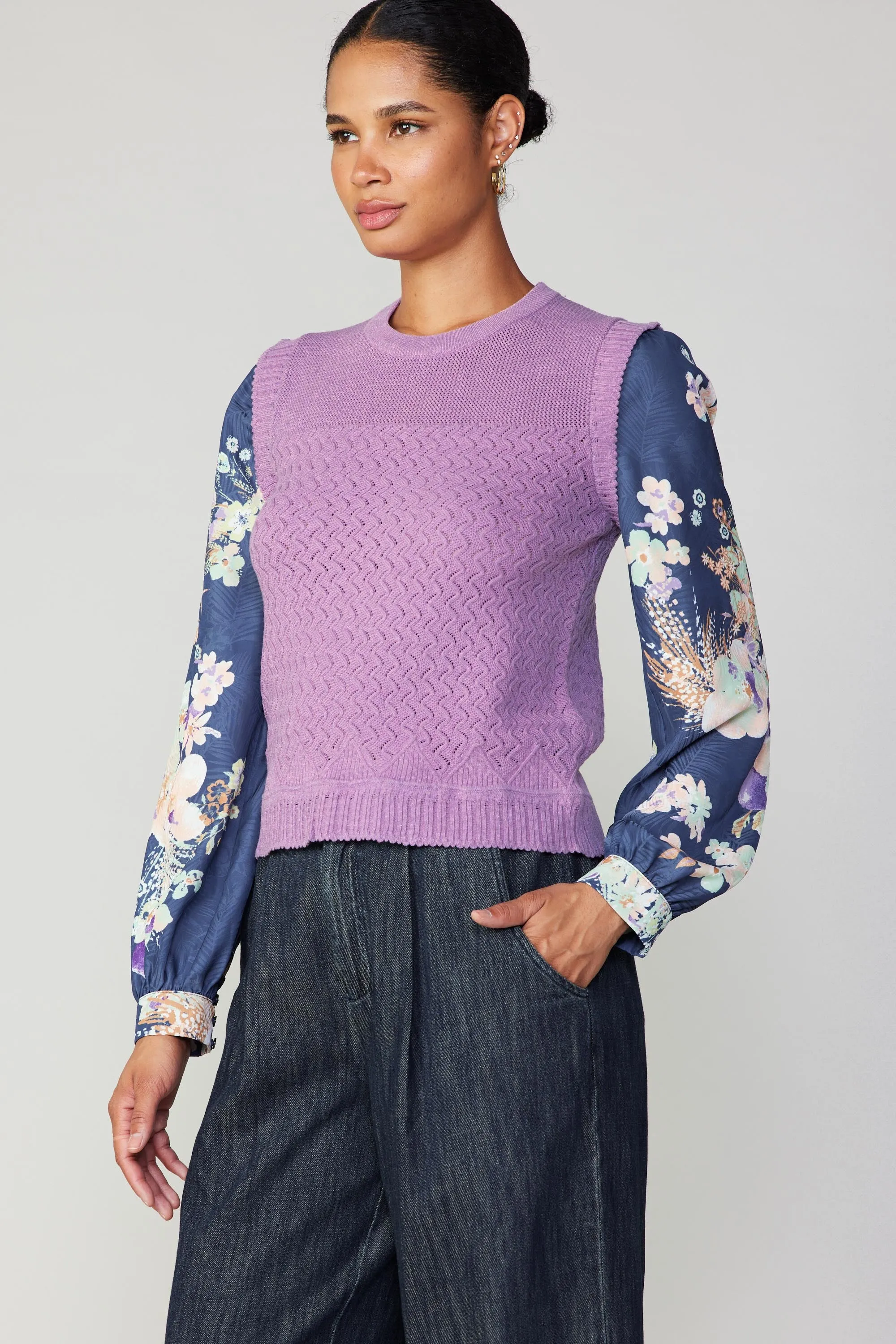 Floral Contrast Sleeve Sweater Top