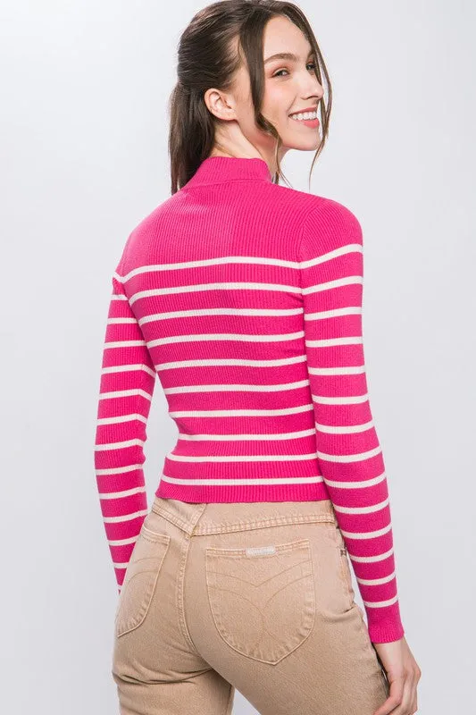 Fuchsia Mock Neck Ribbed Striped Long Sleeve Sweater Top