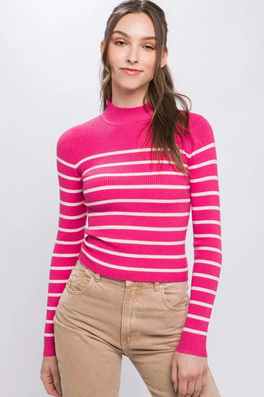 Fuchsia Mock Neck Ribbed Striped Long Sleeve Sweater Top