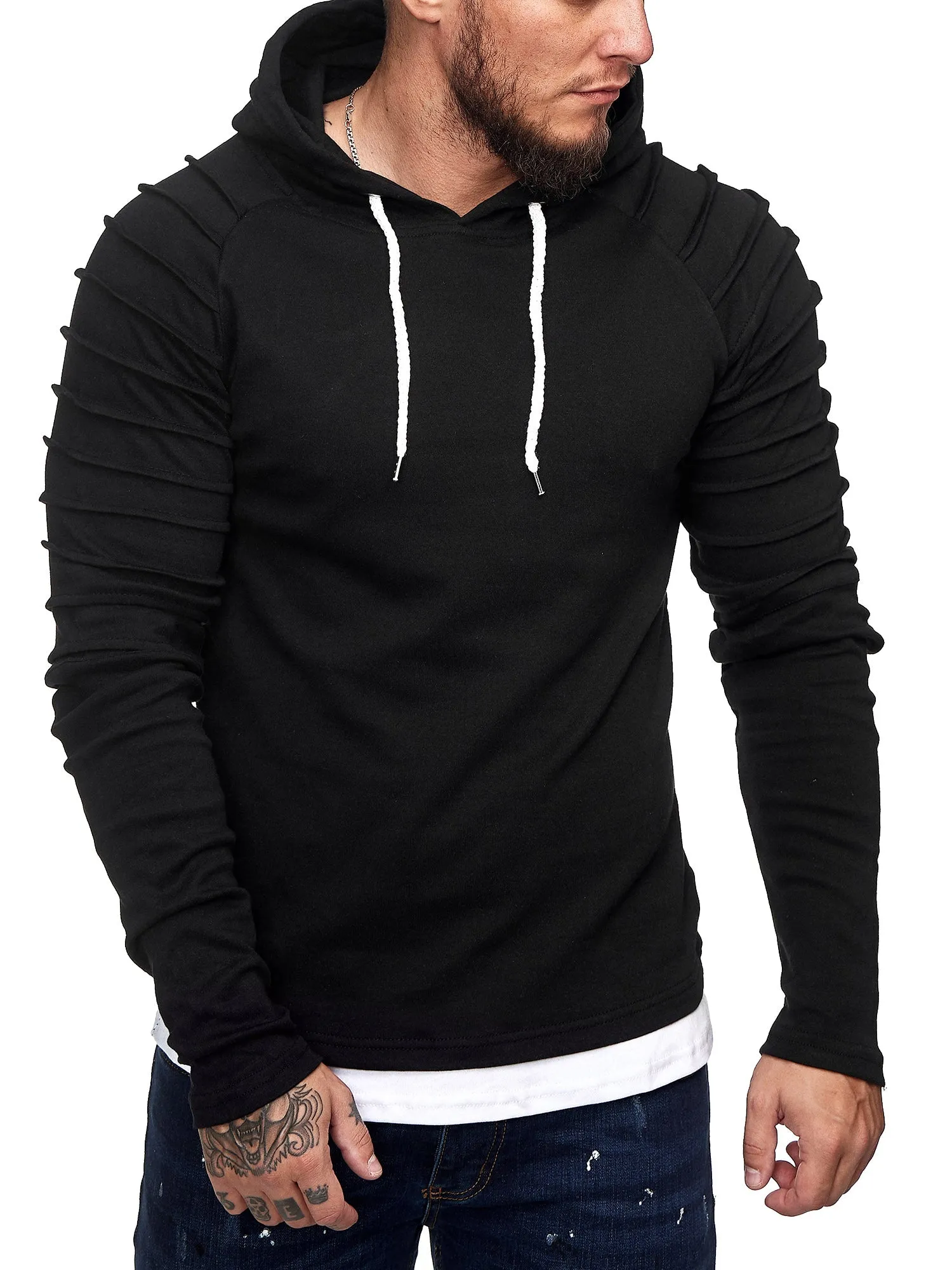 Goum Extention Ribbed Hoodie Sweatshirt - Black X0029A