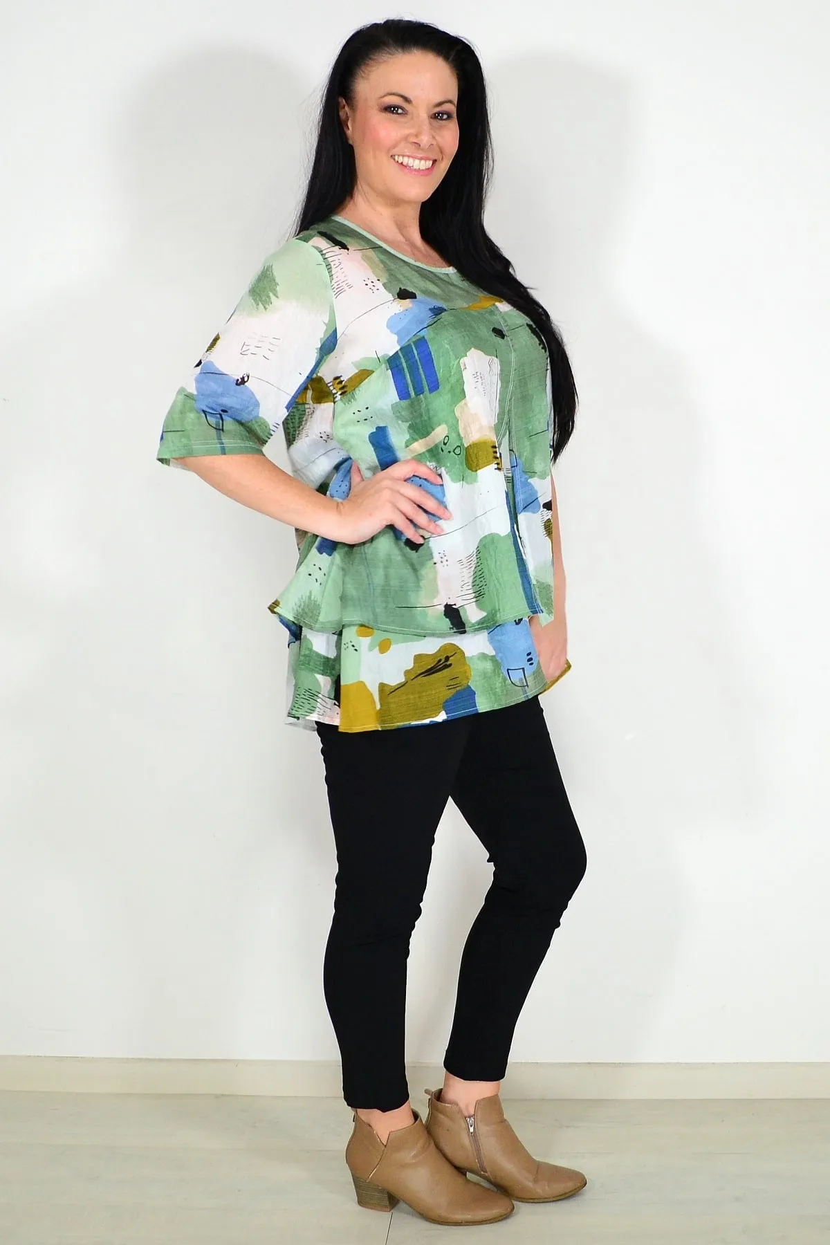 Green Layered Abstract Tunic Top