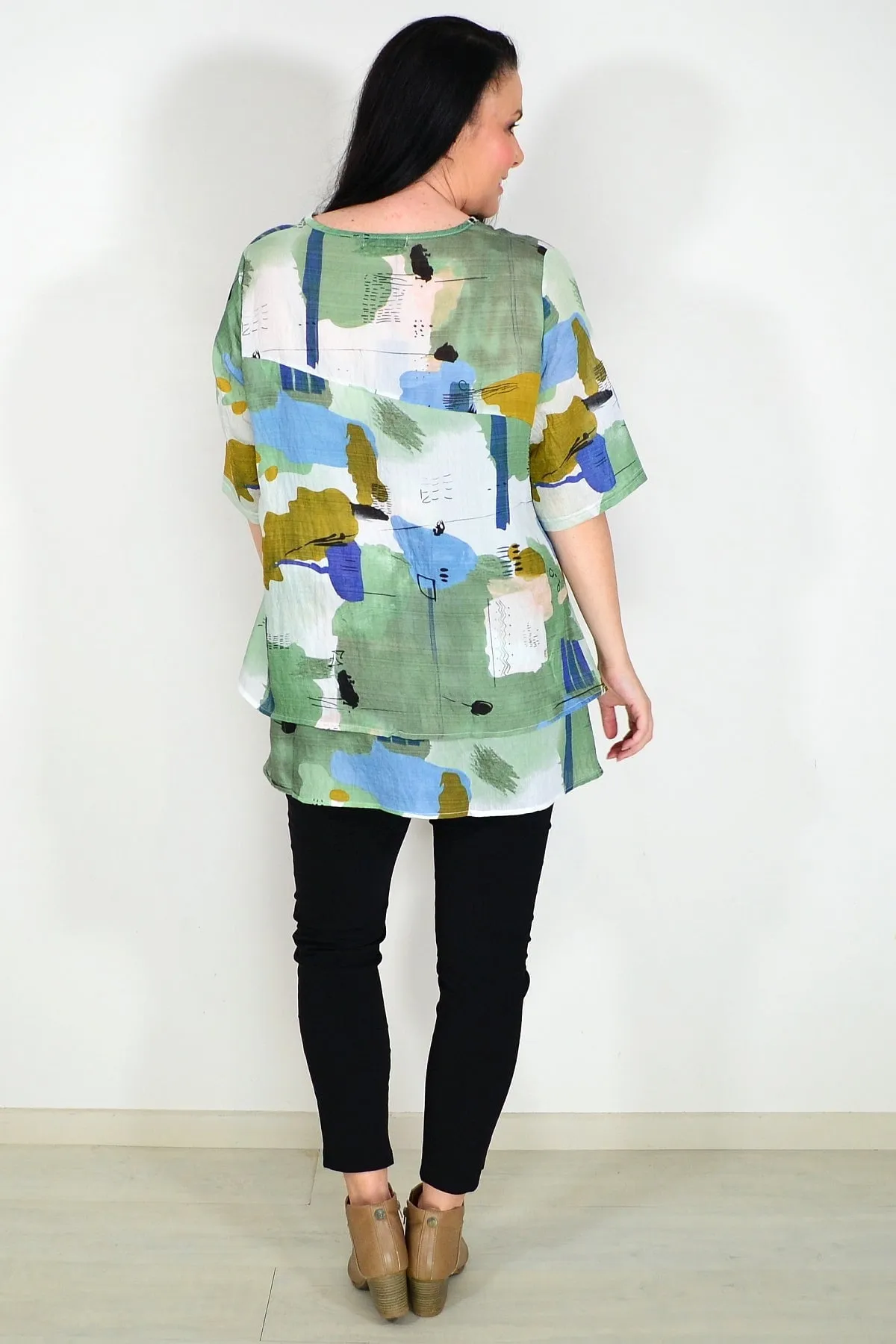 Green Layered Abstract Tunic Top