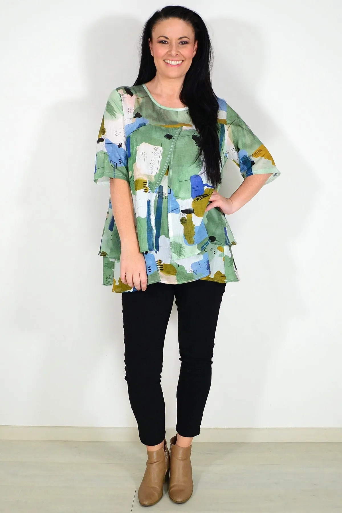 Green Layered Abstract Tunic Top