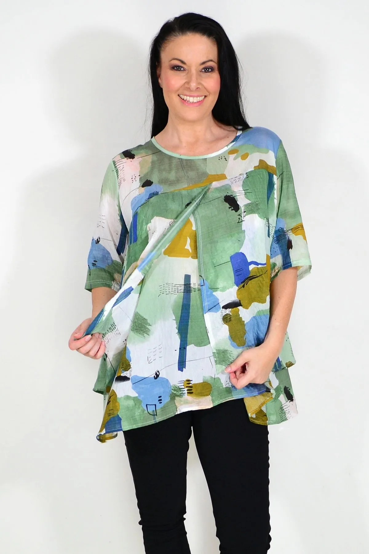 Green Layered Abstract Tunic Top