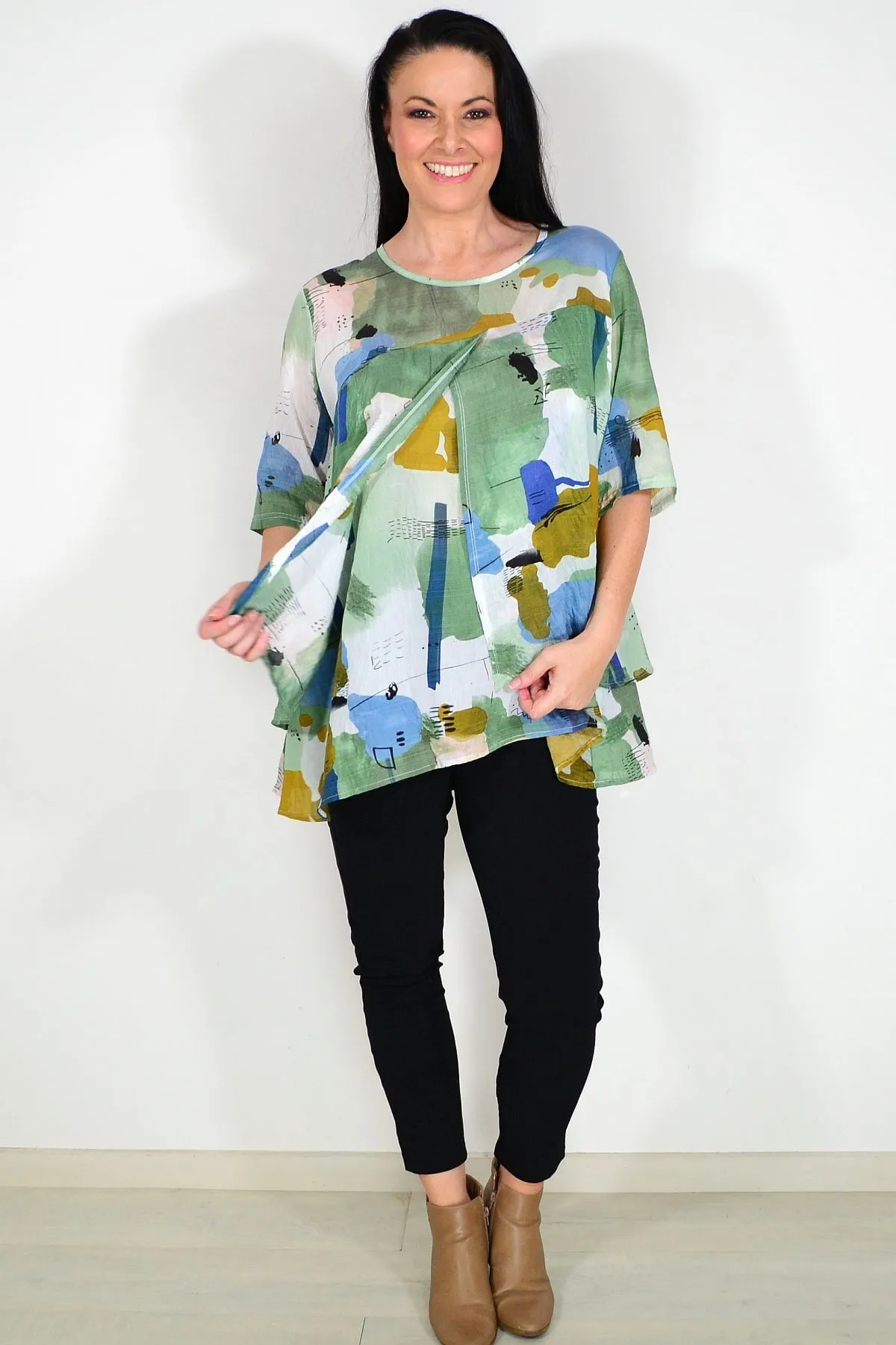 Green Layered Abstract Tunic Top