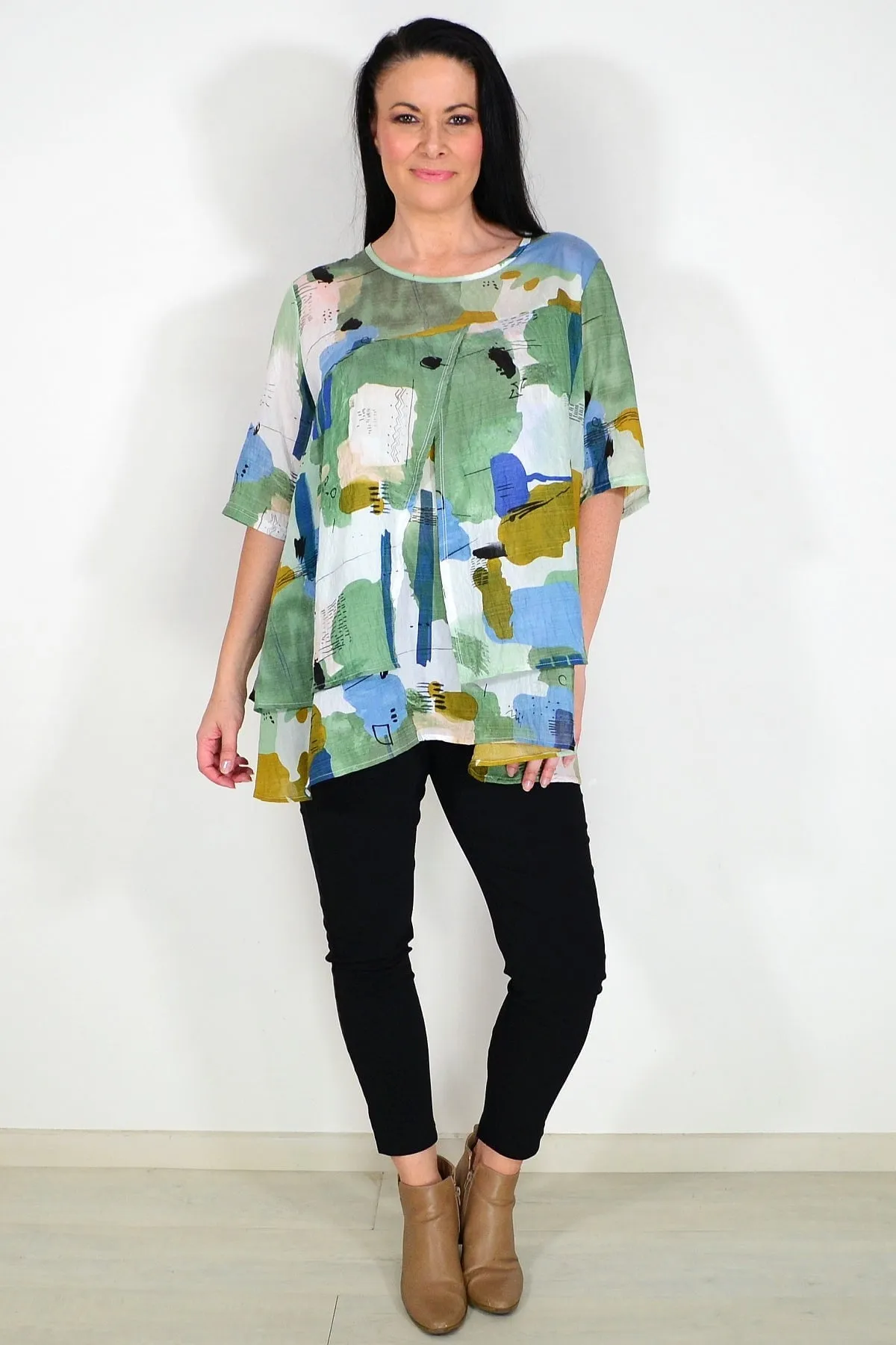 Green Layered Abstract Tunic Top