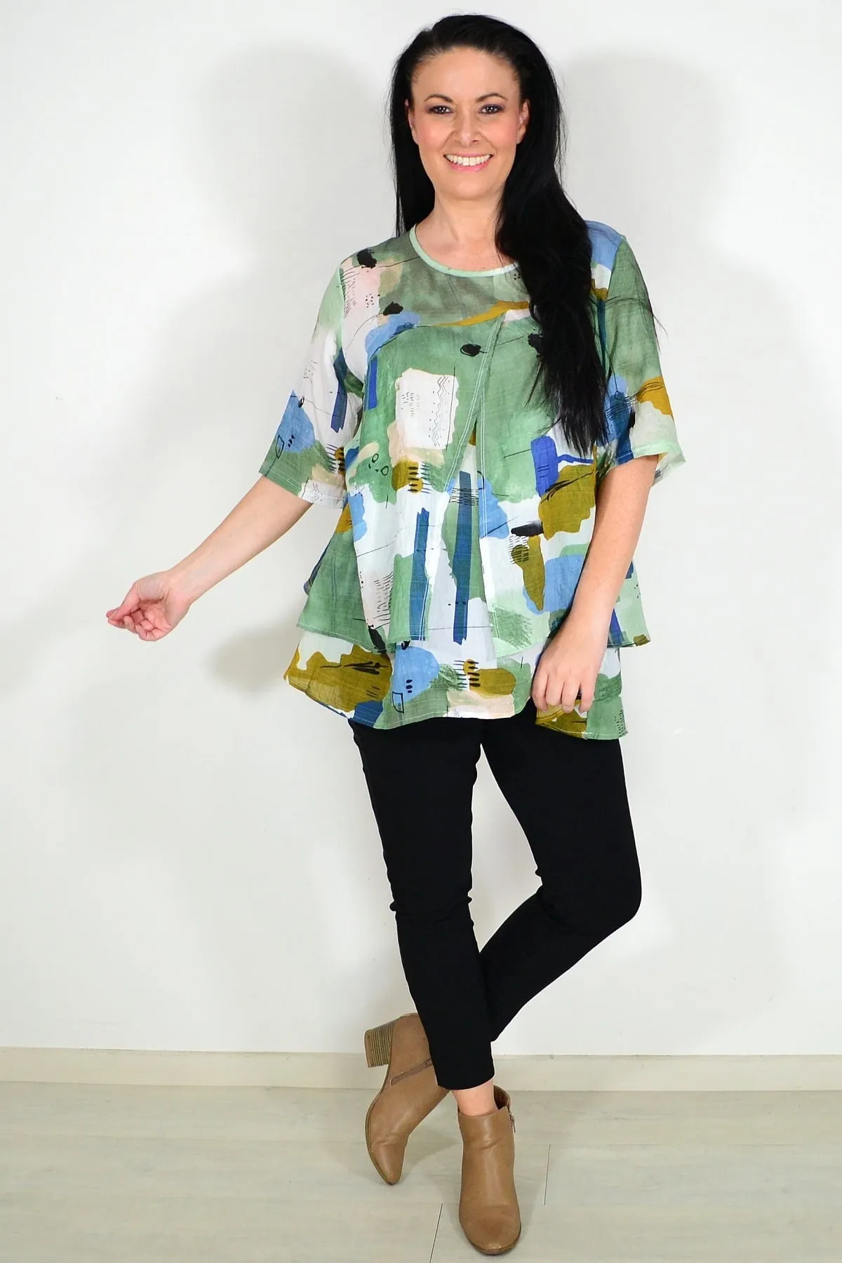 Green Layered Abstract Tunic Top