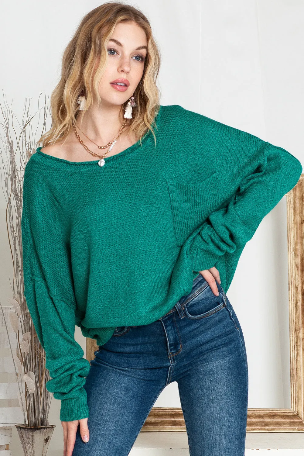 Green Solid Color Drop Shoulder Knitted Pullover Sweater