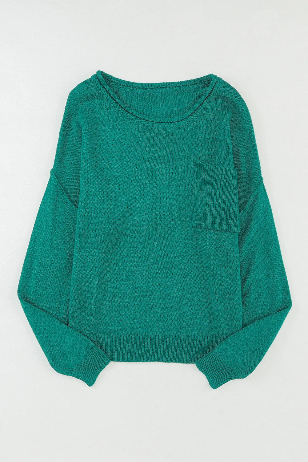 Green Solid Color Drop Shoulder Knitted Pullover Sweater