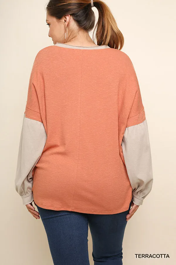 Henley Color Block Top, Terracotta