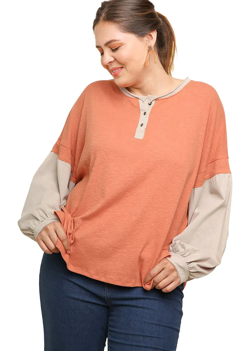 Henley Color Block Top, Terracotta