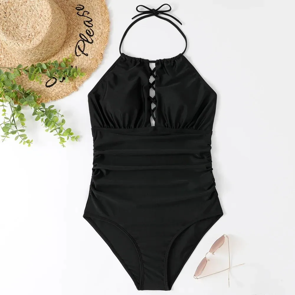 Hot Summer One Piece Swimsuit Sexy Floral Printed Women Halter Lace Up Swimwear Bathing Suit