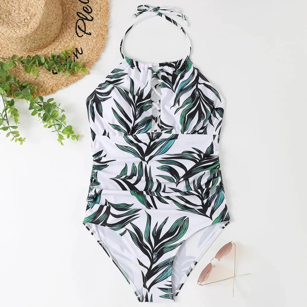 Hot Summer One Piece Swimsuit Sexy Floral Printed Women Halter Lace Up Swimwear Bathing Suit