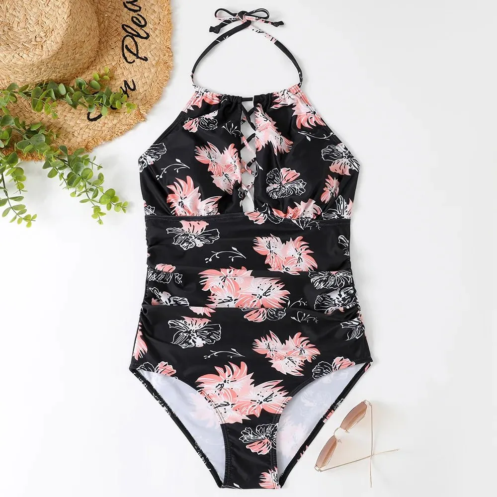 Hot Summer One Piece Swimsuit Sexy Floral Printed Women Halter Lace Up Swimwear Bathing Suit